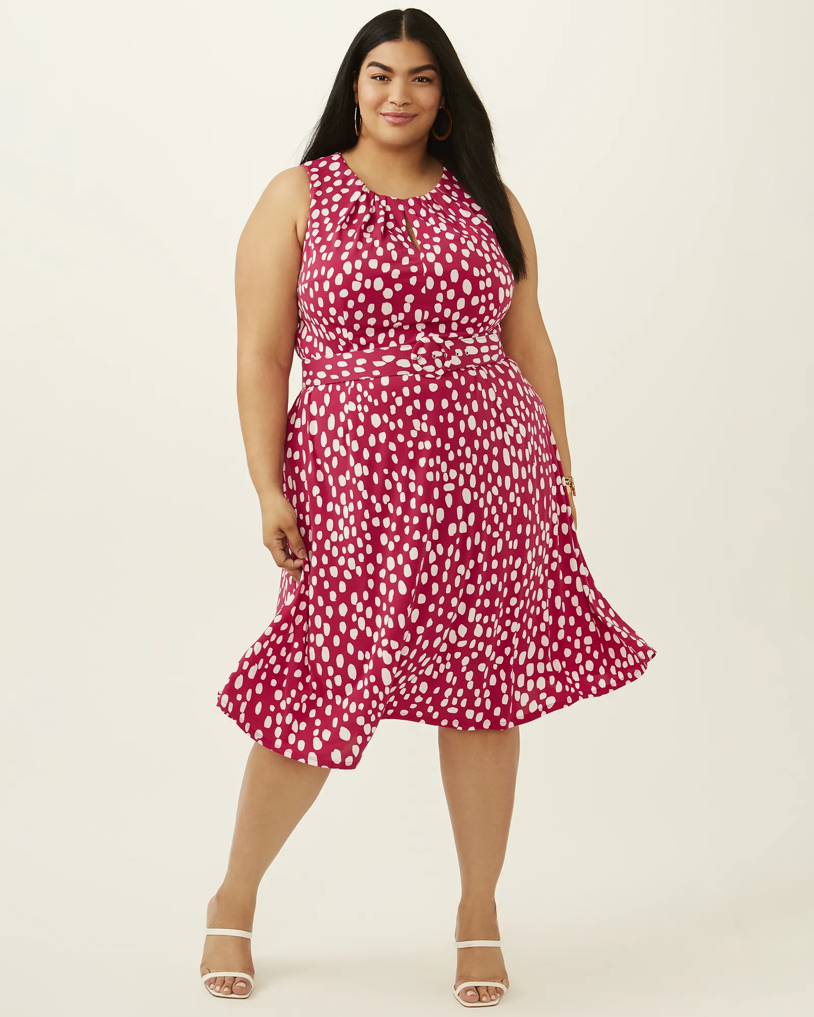 Cora Polka Dot Pleated Neck Midi Dress | MAGENTA/SW