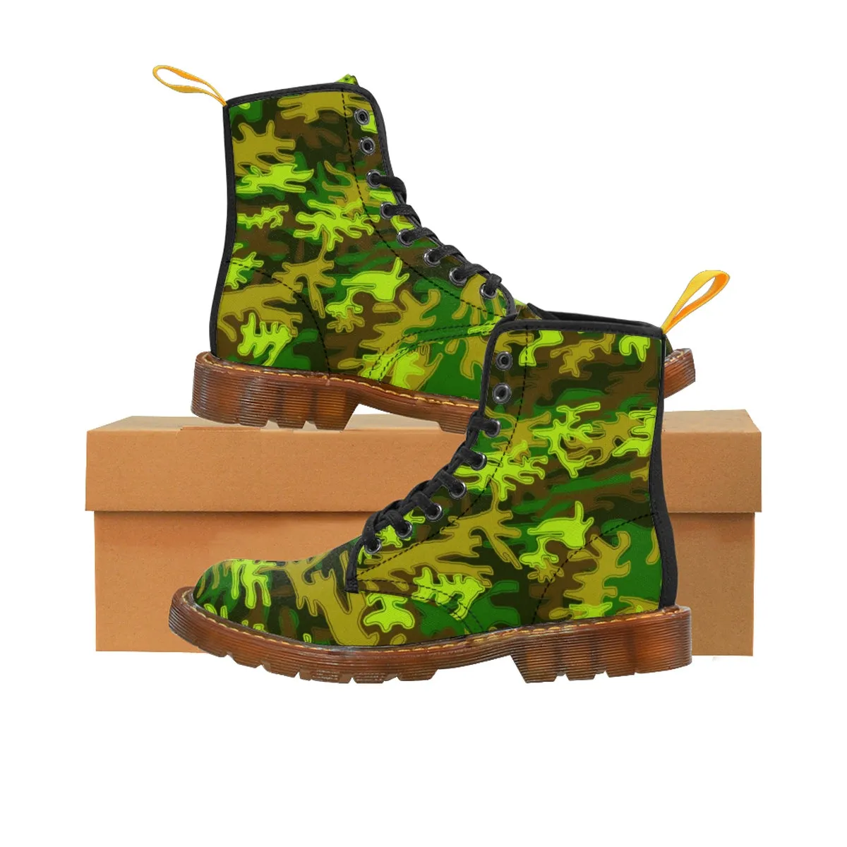 Green Camo Men's Boots, Bright Camouflage Military Army Canvas Winter Laced Up Boots (US Size: 7-10.5)