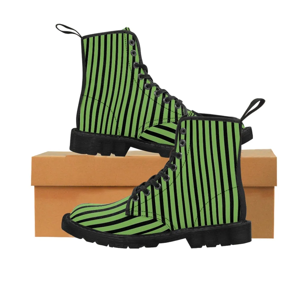 Green Striped Print Men's Boots, Black Stripes Best Hiking Winter Boots Laced Up Shoes For Men