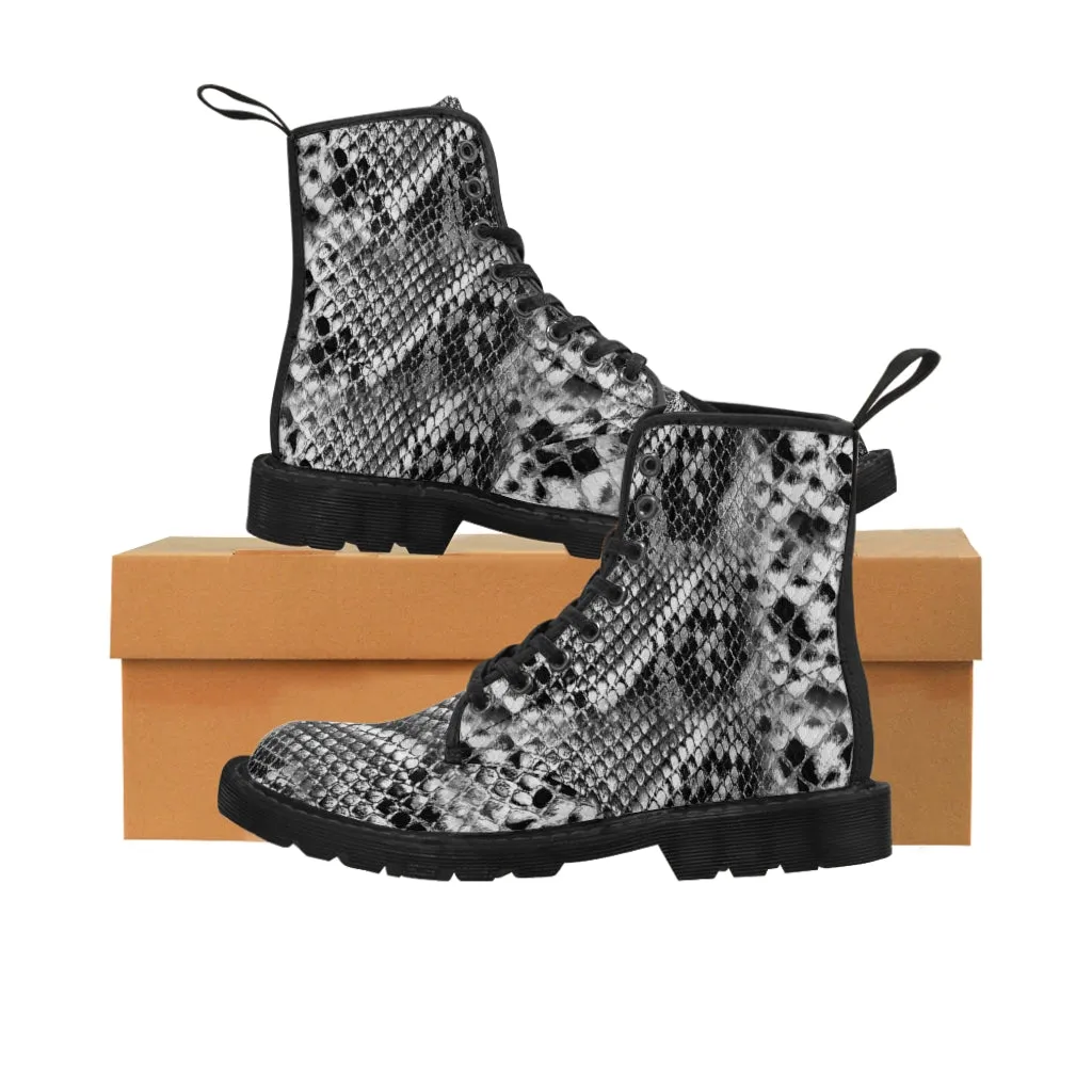 Grey Snakeskin Print Men's Boots, Snake Reptile Python Print Winter Laced-up Canvas Boots