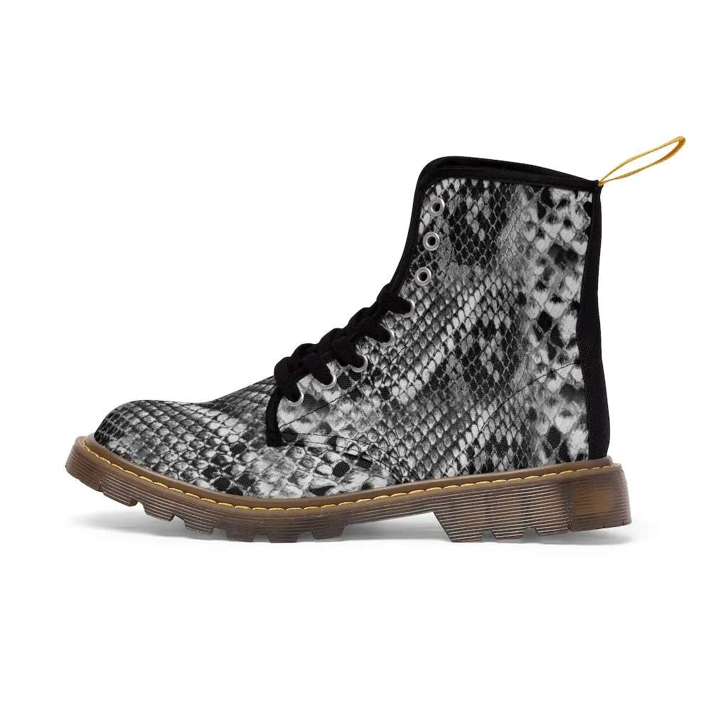 Grey Snakeskin Print Men's Boots, Snake Reptile Python Print Winter Laced-up Canvas Boots