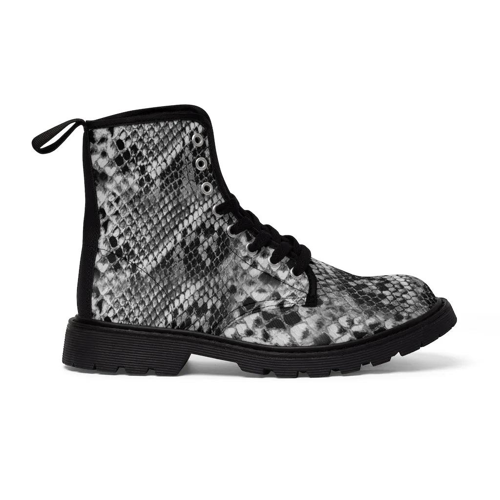 Grey Snakeskin Print Men's Boots, Snake Reptile Python Print Winter Laced-up Canvas Boots