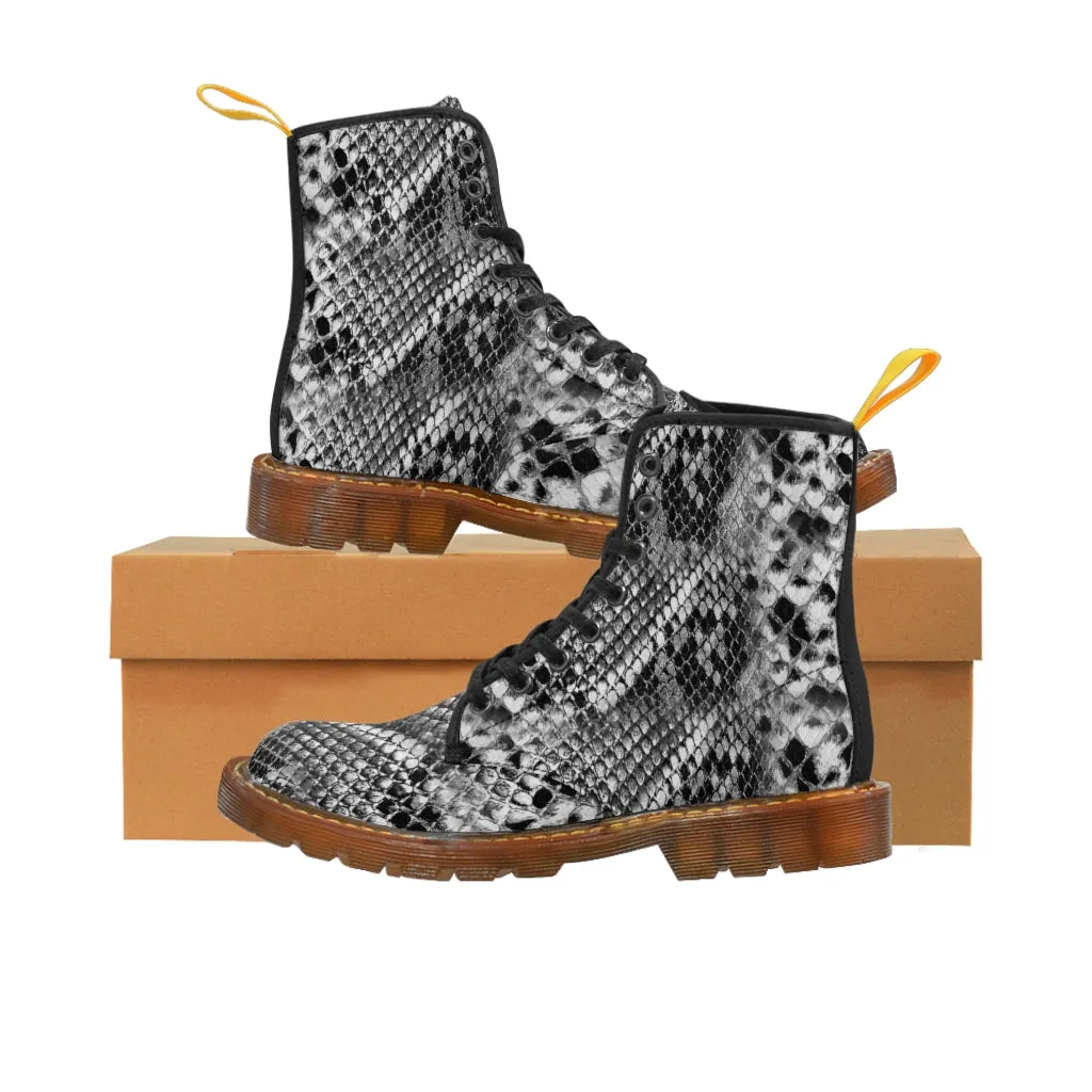 Grey Snakeskin Print Men's Boots, Snake Reptile Python Print Winter Laced-up Canvas Boots