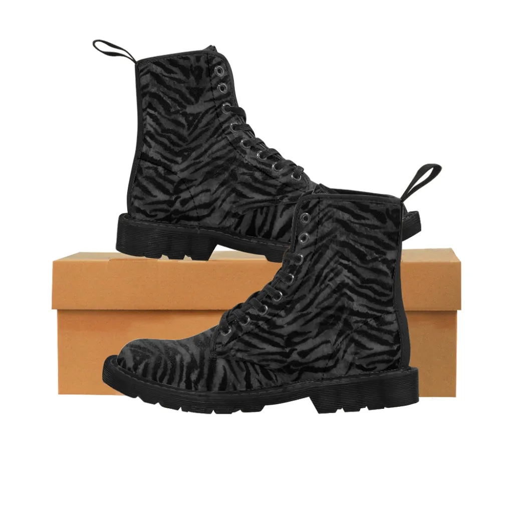 Grey Tiger Stripe Men's Boots, Animal Print Best Hiking Winter Boots Laced Up Shoes For Men