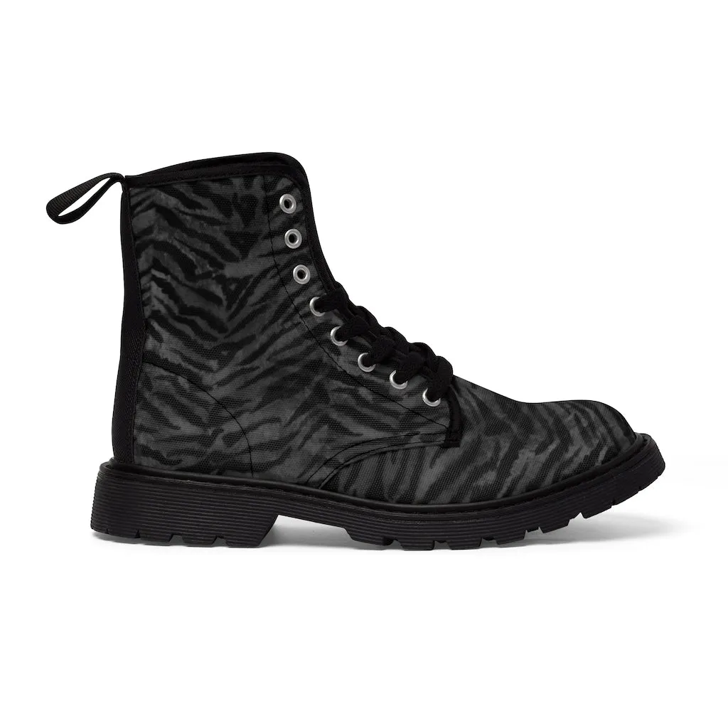 Grey Tiger Stripe Men's Boots, Animal Print Best Hiking Winter Boots Laced Up Shoes For Men