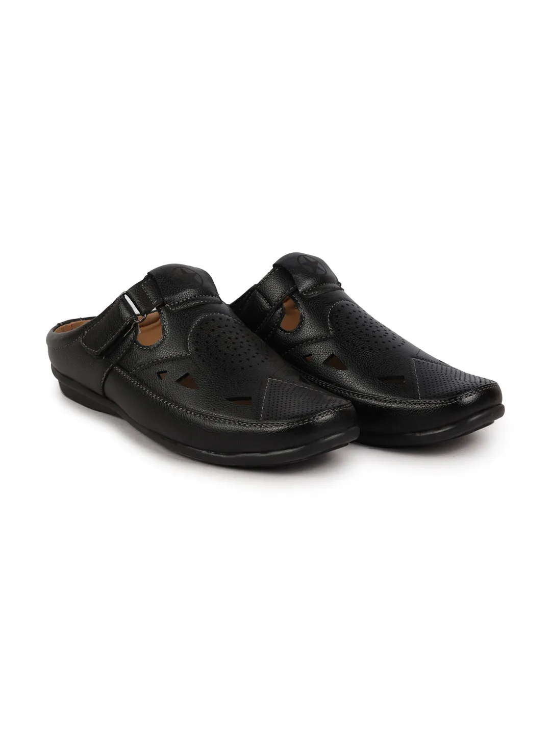 Men Black Back Open Perforated Breathable Formal Sandal|Adujstable Strap Stitched Slip On Sandal