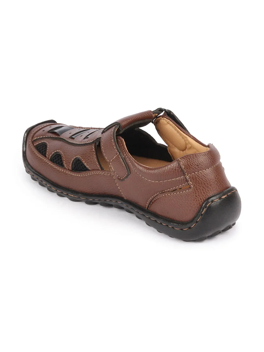 Men Brown Genuine Leather Breathable Comfort PU Pad Insole Hook and Loop Roman Sandals