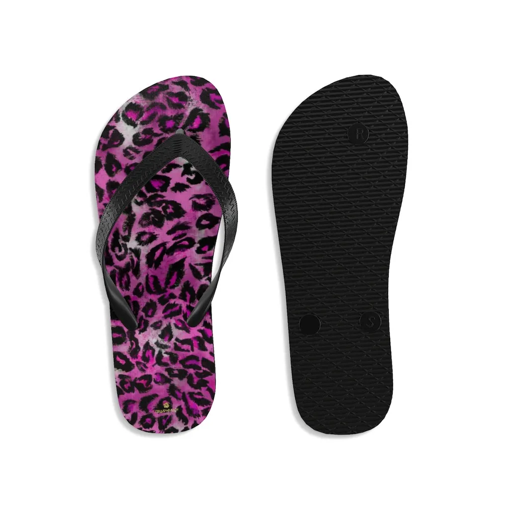 Pink Leopard Print Flip Flops, Best Animal Print Unisex Flip-Flops Beach Pool Sandals- Made in USA