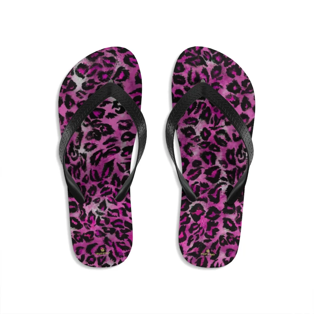 Pink Leopard Print Flip Flops, Best Animal Print Unisex Flip-Flops Beach Pool Sandals- Made in USA