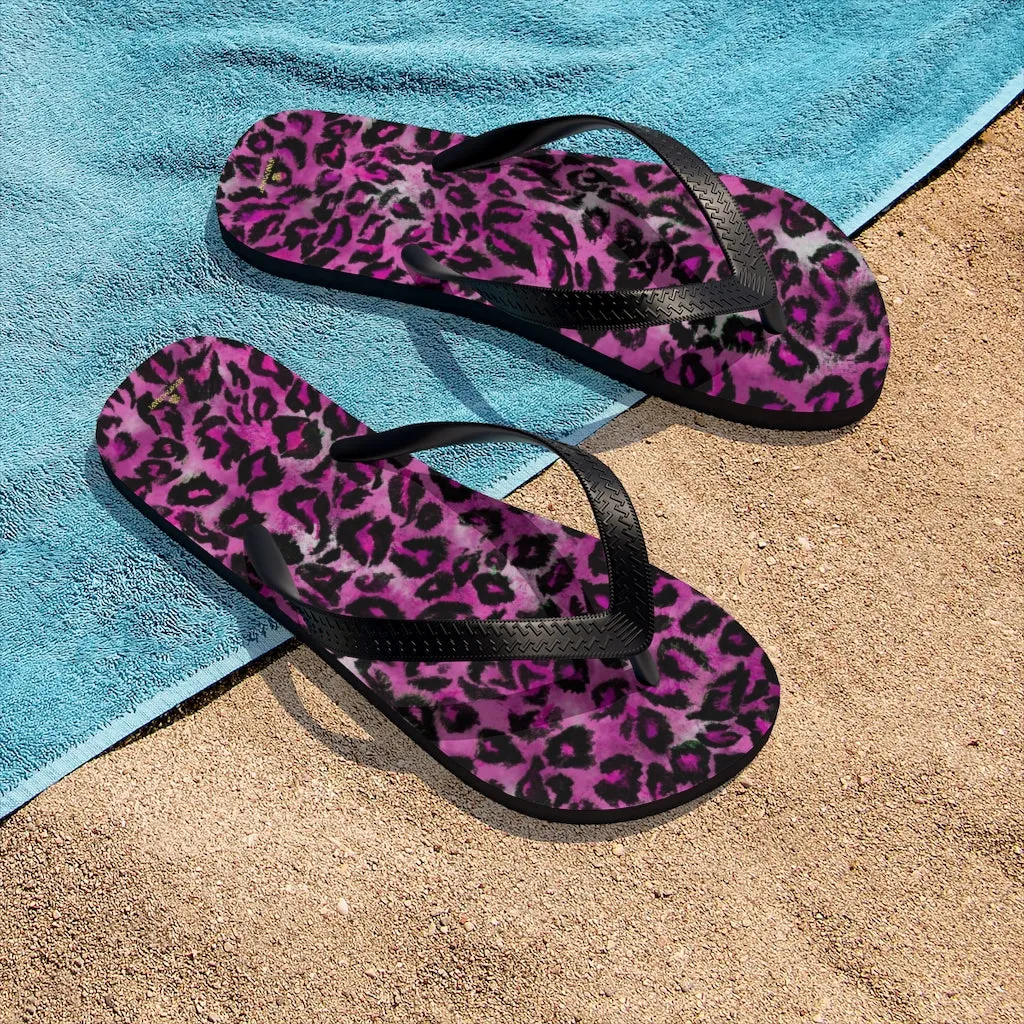 Pink Leopard Print Flip Flops, Best Animal Print Unisex Flip-Flops Beach Pool Sandals- Made in USA