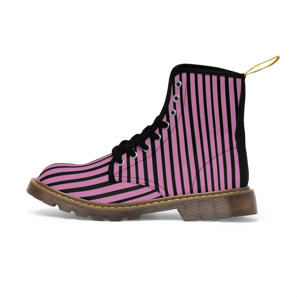 Pink Striped Print Men's Boots, Black Stripes Best Hiking Winter Boots Laced Up Shoes For Men