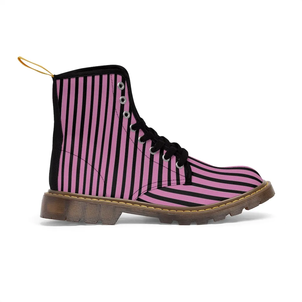 Pink Striped Print Men's Boots, Black Stripes Best Hiking Winter Boots Laced Up Shoes For Men