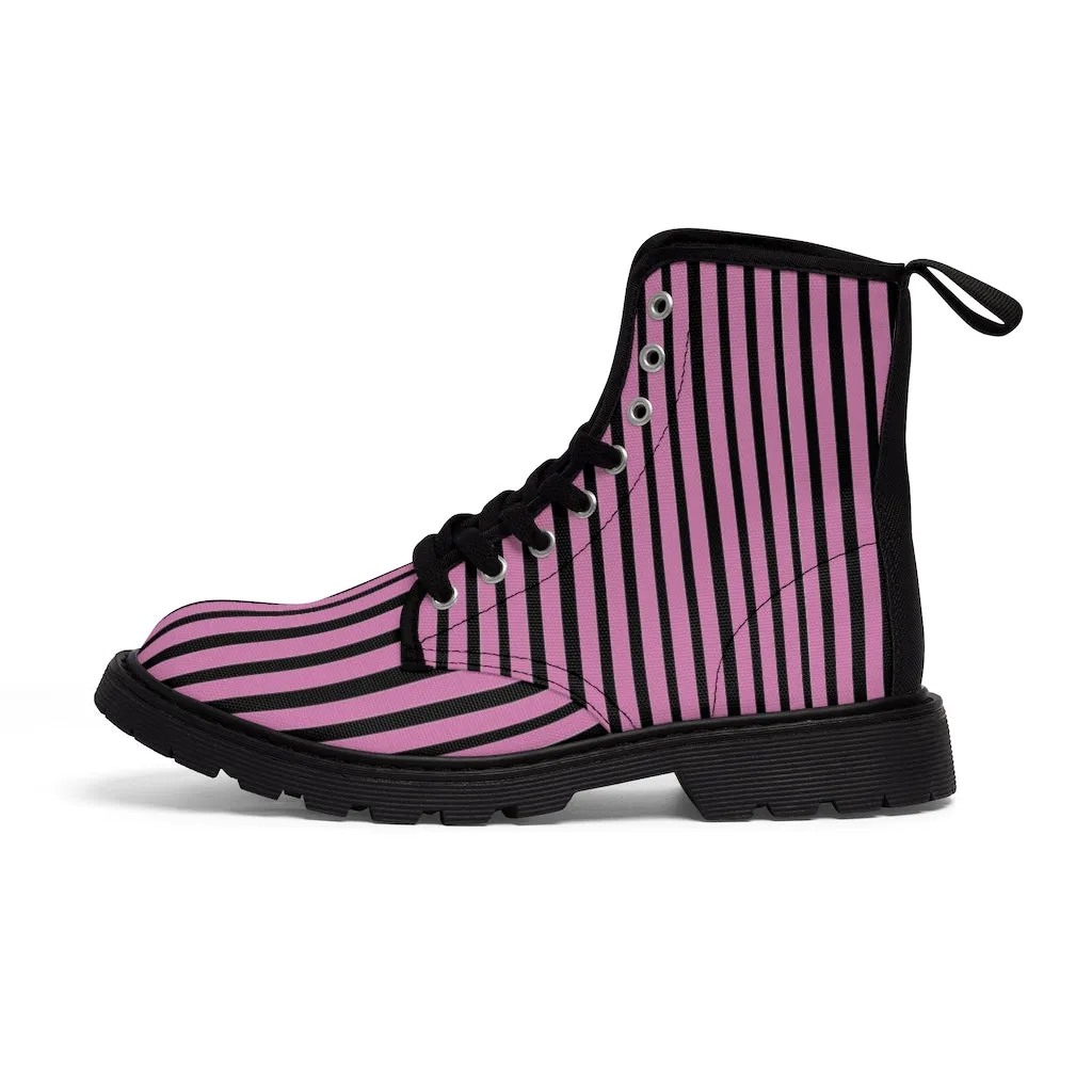 Pink Striped Print Men's Boots, Black Stripes Best Hiking Winter Boots Laced Up Shoes For Men