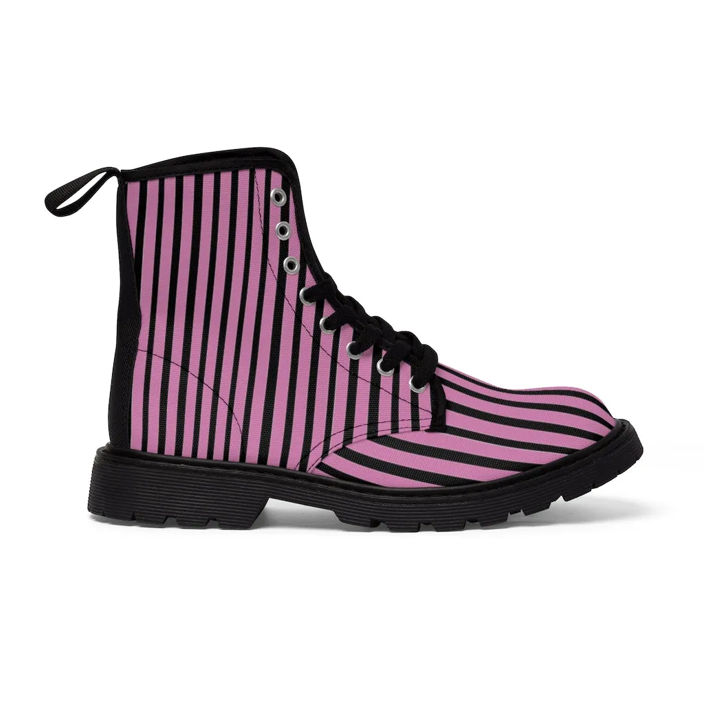 Pink Striped Print Men's Boots, Black Stripes Best Hiking Winter Boots Laced Up Shoes For Men