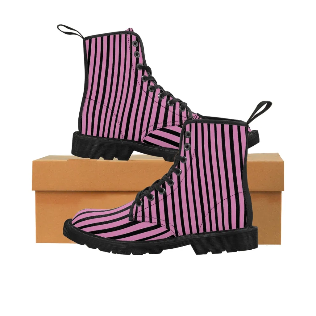 Pink Striped Print Men's Boots, Black Stripes Best Hiking Winter Boots Laced Up Shoes For Men