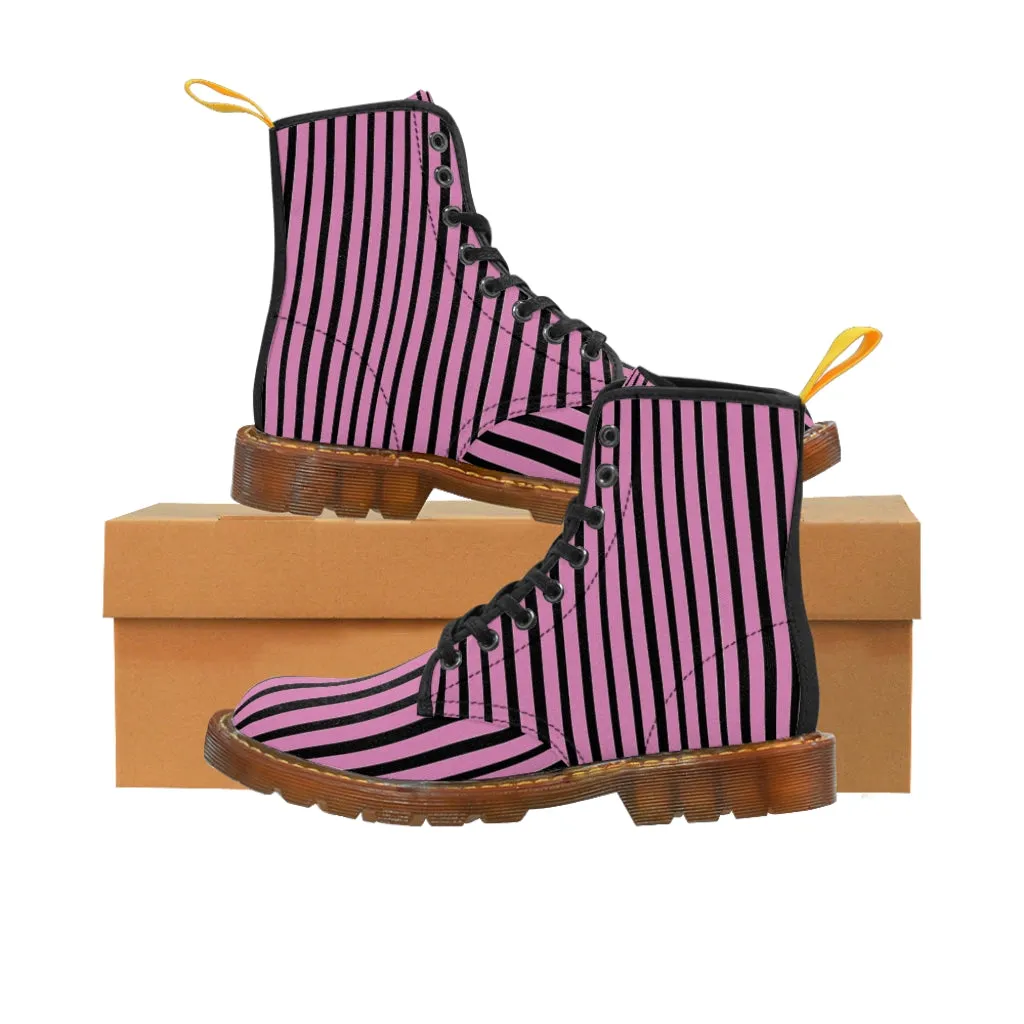 Pink Striped Print Men's Boots, Black Stripes Best Hiking Winter Boots Laced Up Shoes For Men