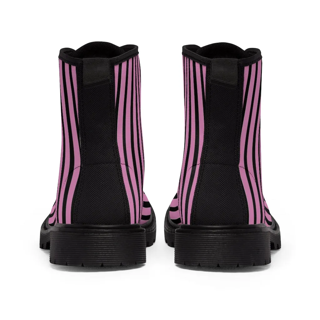 Pink Striped Print Men's Boots, Black Stripes Best Hiking Winter Boots Laced Up Shoes For Men