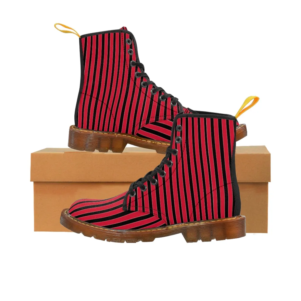 Red Striped Print Men's Boots, Black Stripes Best Hiking Winter Boots Laced Up Designer Shoes For Men