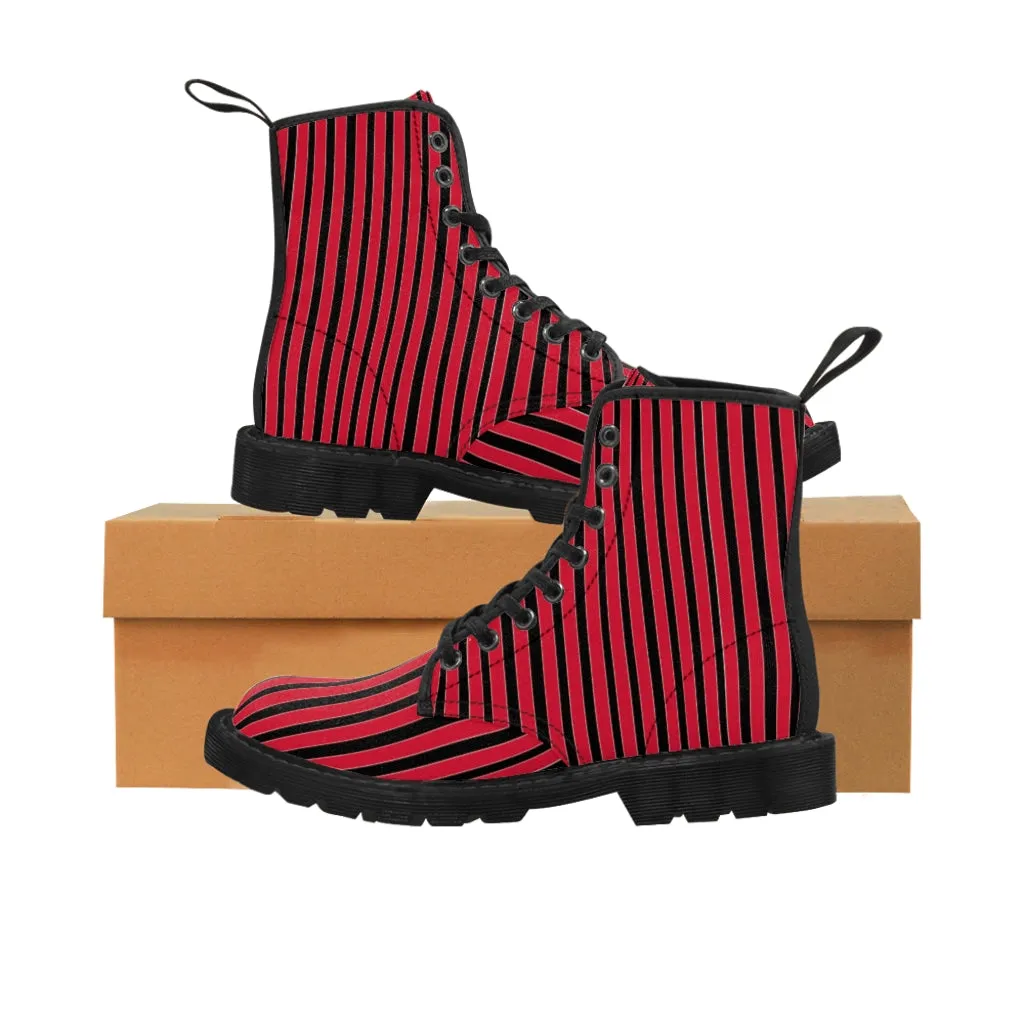 Red Striped Print Men's Boots, Black Stripes Best Hiking Winter Boots Laced Up Designer Shoes For Men