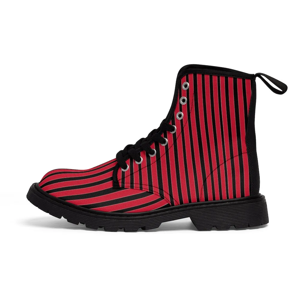 Red Striped Print Men's Boots, Black Stripes Best Hiking Winter Boots Laced Up Designer Shoes For Men