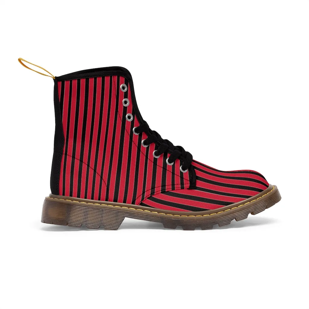 Red Striped Print Men's Boots, Black Stripes Best Hiking Winter Boots Laced Up Designer Shoes For Men