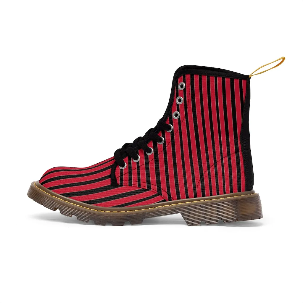 Red Striped Print Men's Boots, Black Stripes Best Hiking Winter Boots Laced Up Designer Shoes For Men