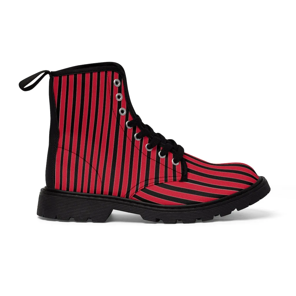 Red Striped Print Men's Boots, Black Stripes Best Hiking Winter Boots Laced Up Designer Shoes For Men