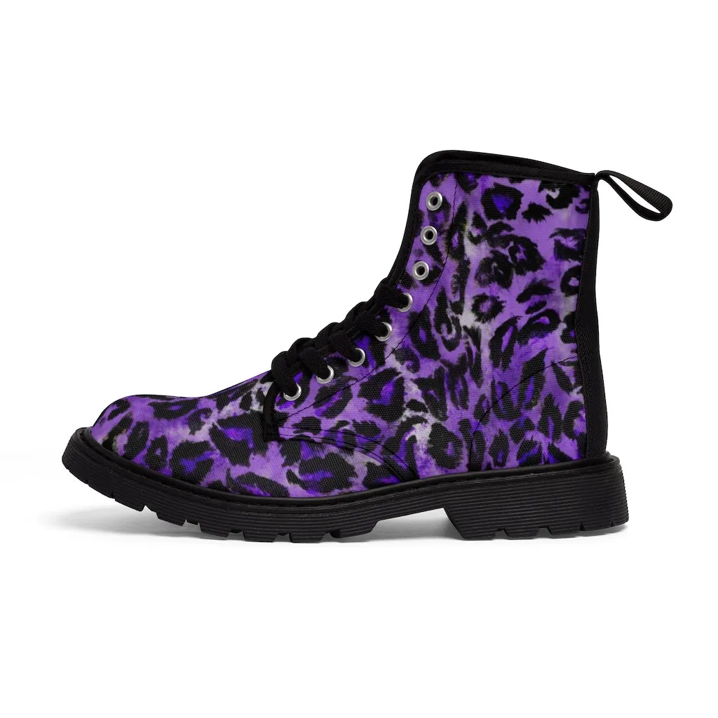 Royal Purple Leopard Men's Boots, Animal Print Hiking Winter Laced Up Shoes For Men