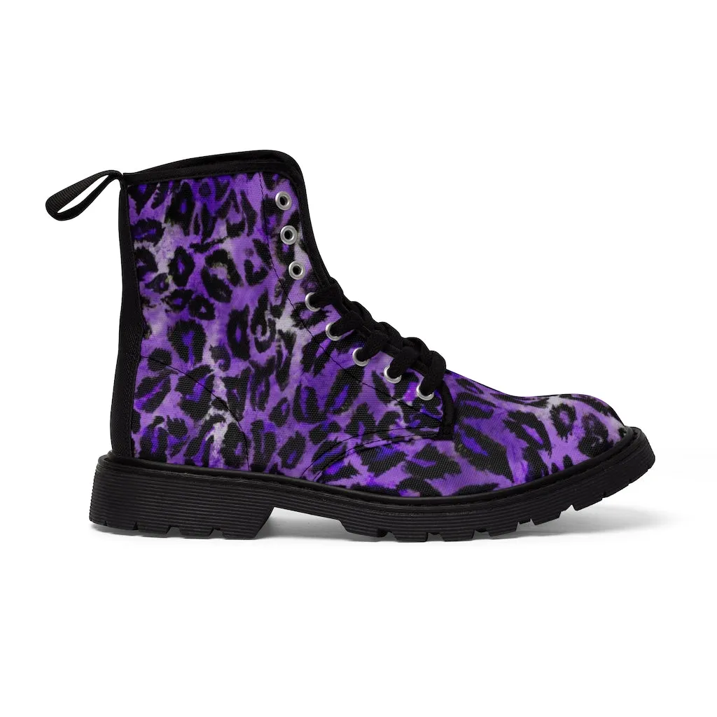 Royal Purple Leopard Men's Boots, Animal Print Hiking Winter Laced Up Shoes For Men