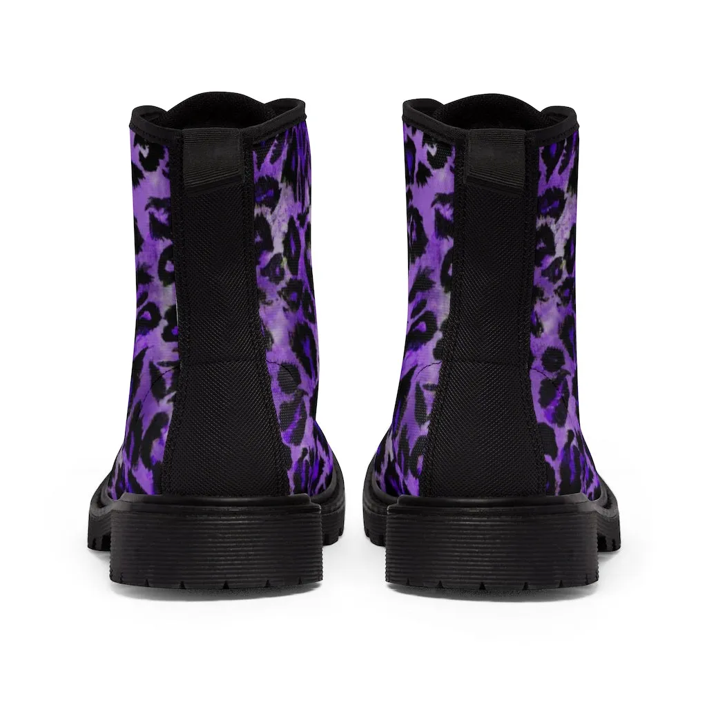 Royal Purple Leopard Men's Boots, Animal Print Hiking Winter Laced Up Shoes For Men