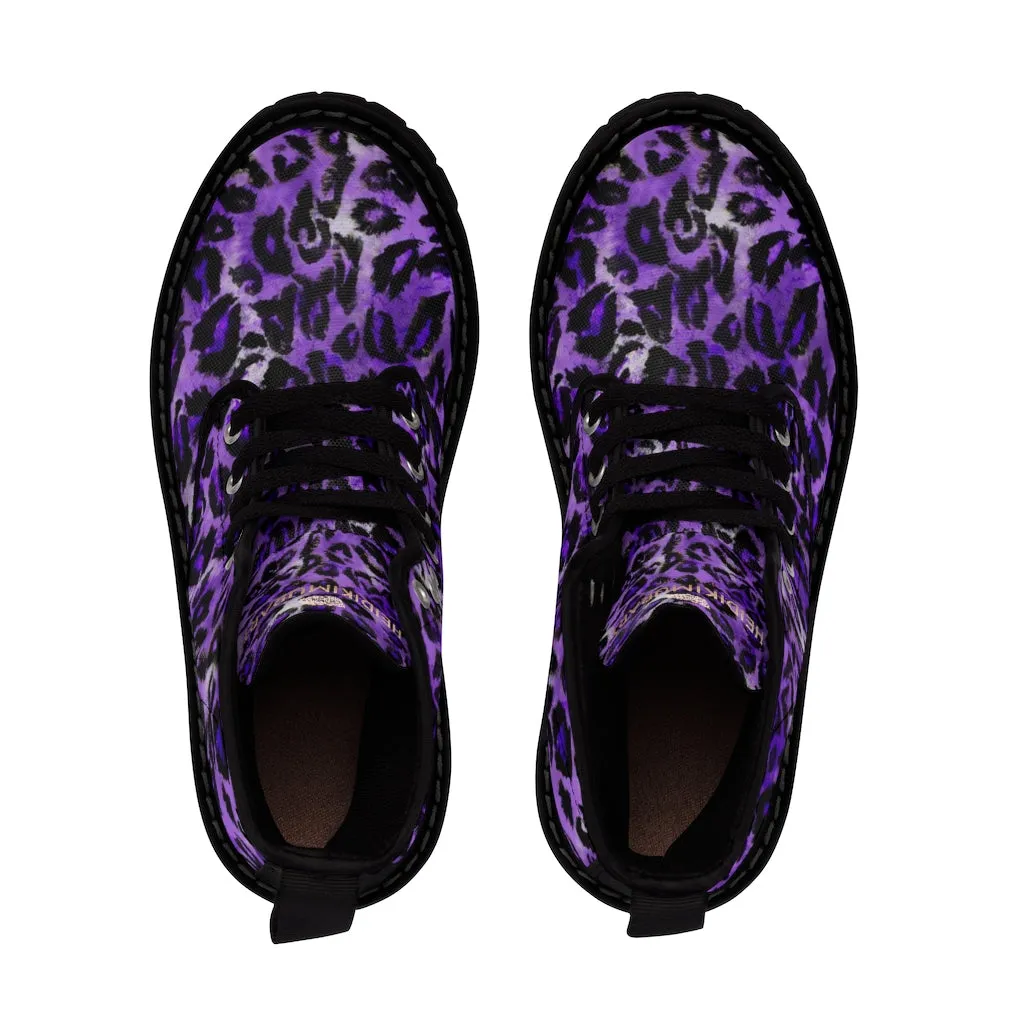 Royal Purple Leopard Men's Boots, Animal Print Hiking Winter Laced Up Shoes For Men