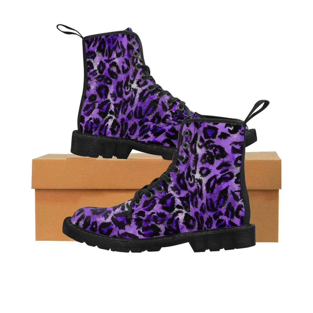 Royal Purple Leopard Men's Boots, Animal Print Hiking Winter Laced Up Shoes For Men