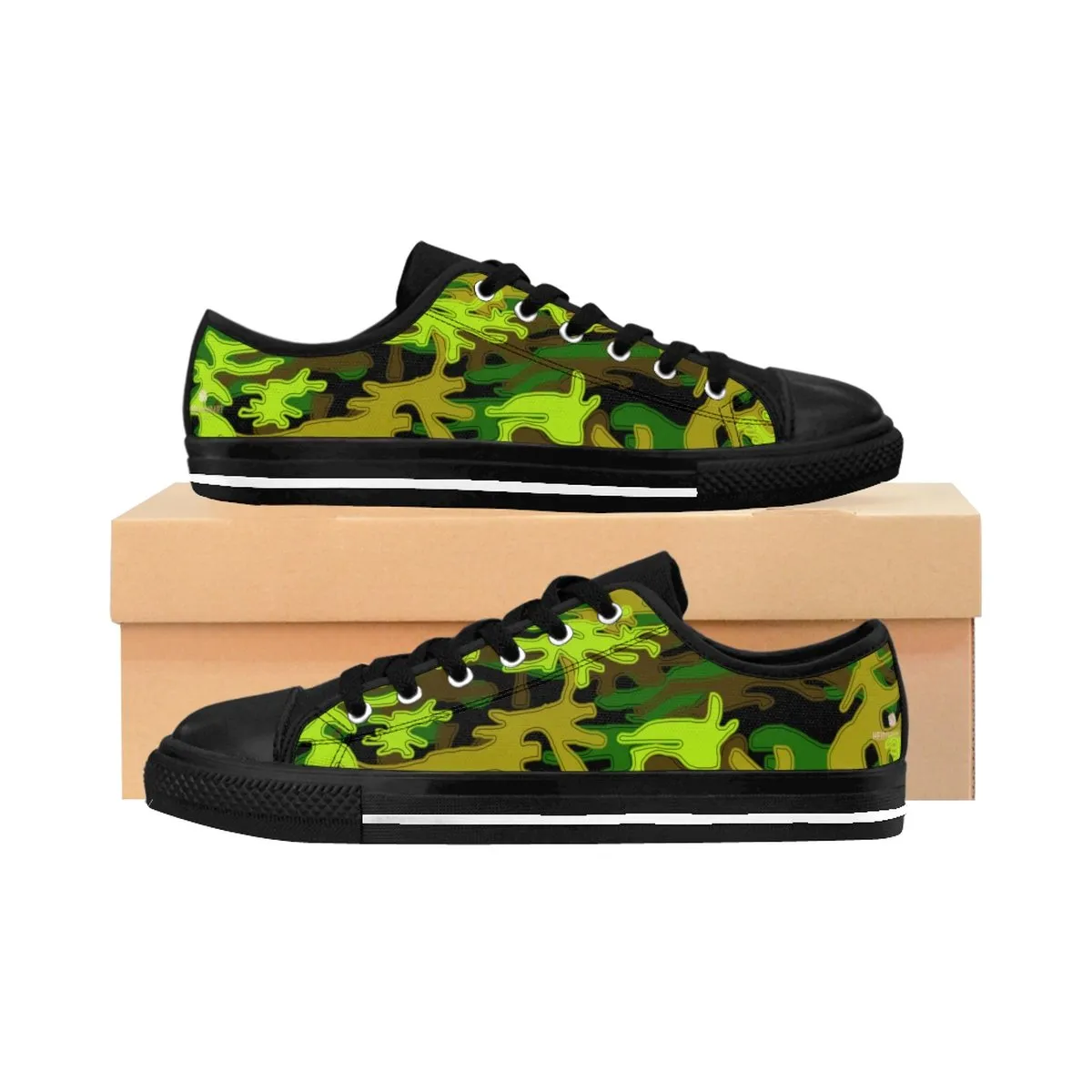 Stylish Camo Men's Low Tops, Black Green Camouflage Military Print Premium Men's Low Top Canvas Sneakers