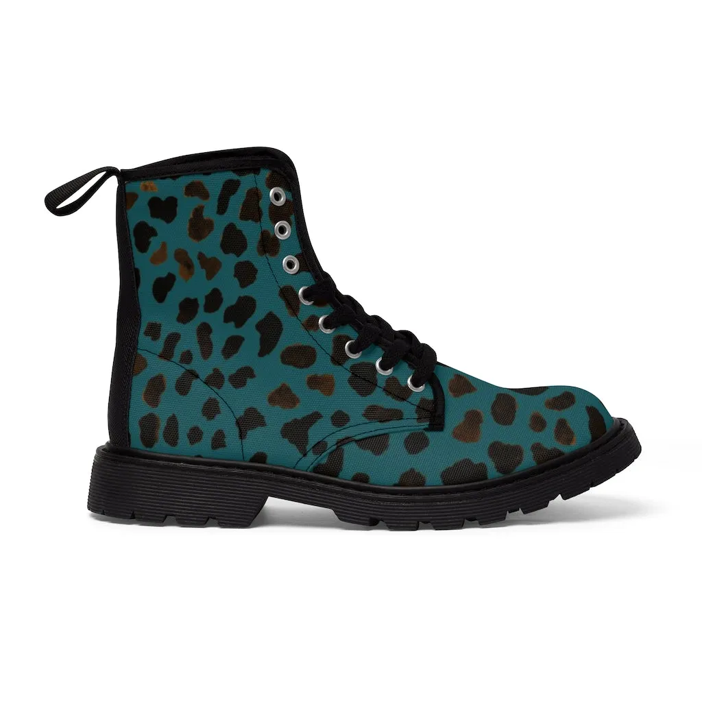 Teal Blue Cheetah Men's Boots, Leopard Animal Print Best Hiking Winter Boots Laced Up Shoes For Men