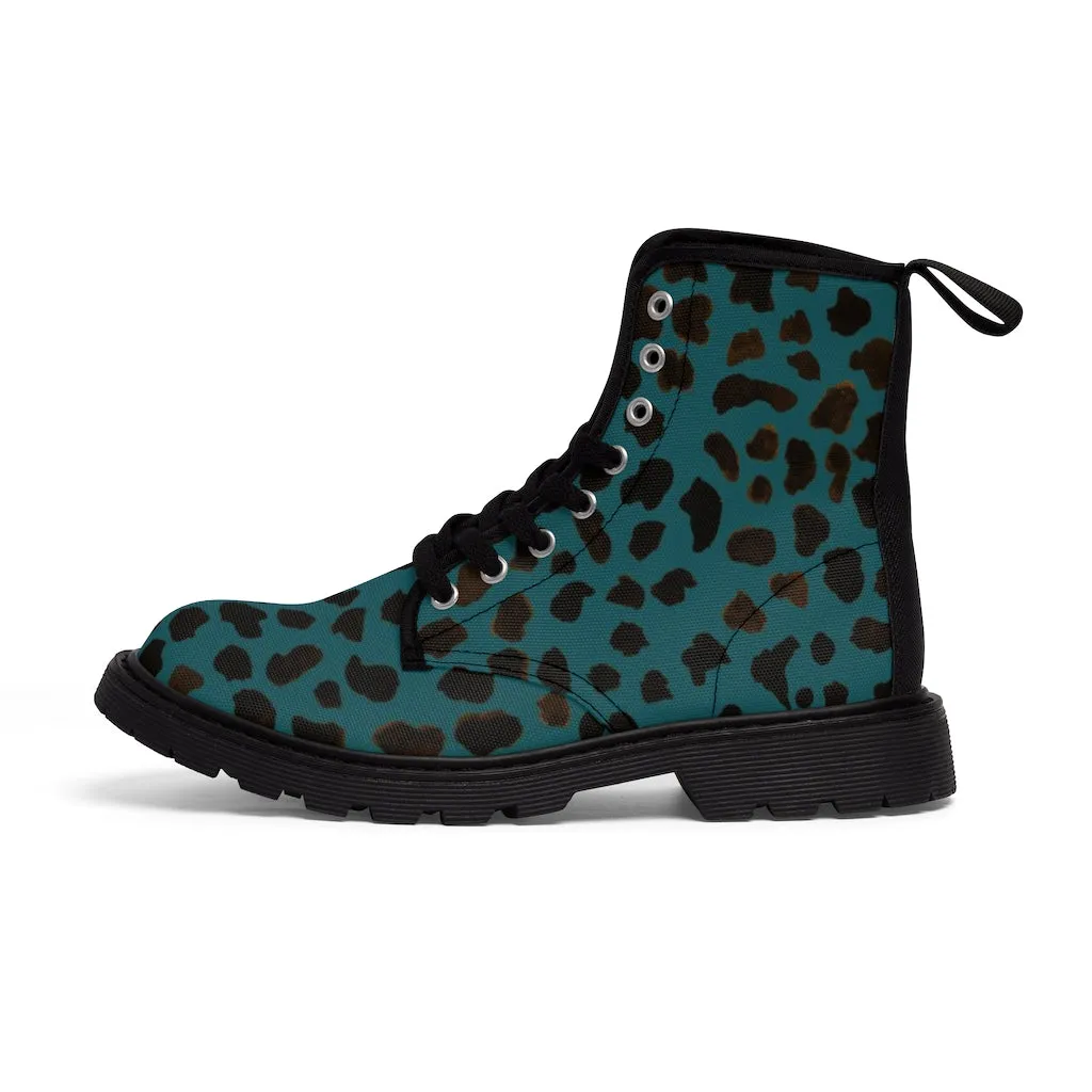 Teal Blue Cheetah Men's Boots, Leopard Animal Print Best Hiking Winter Boots Laced Up Shoes For Men