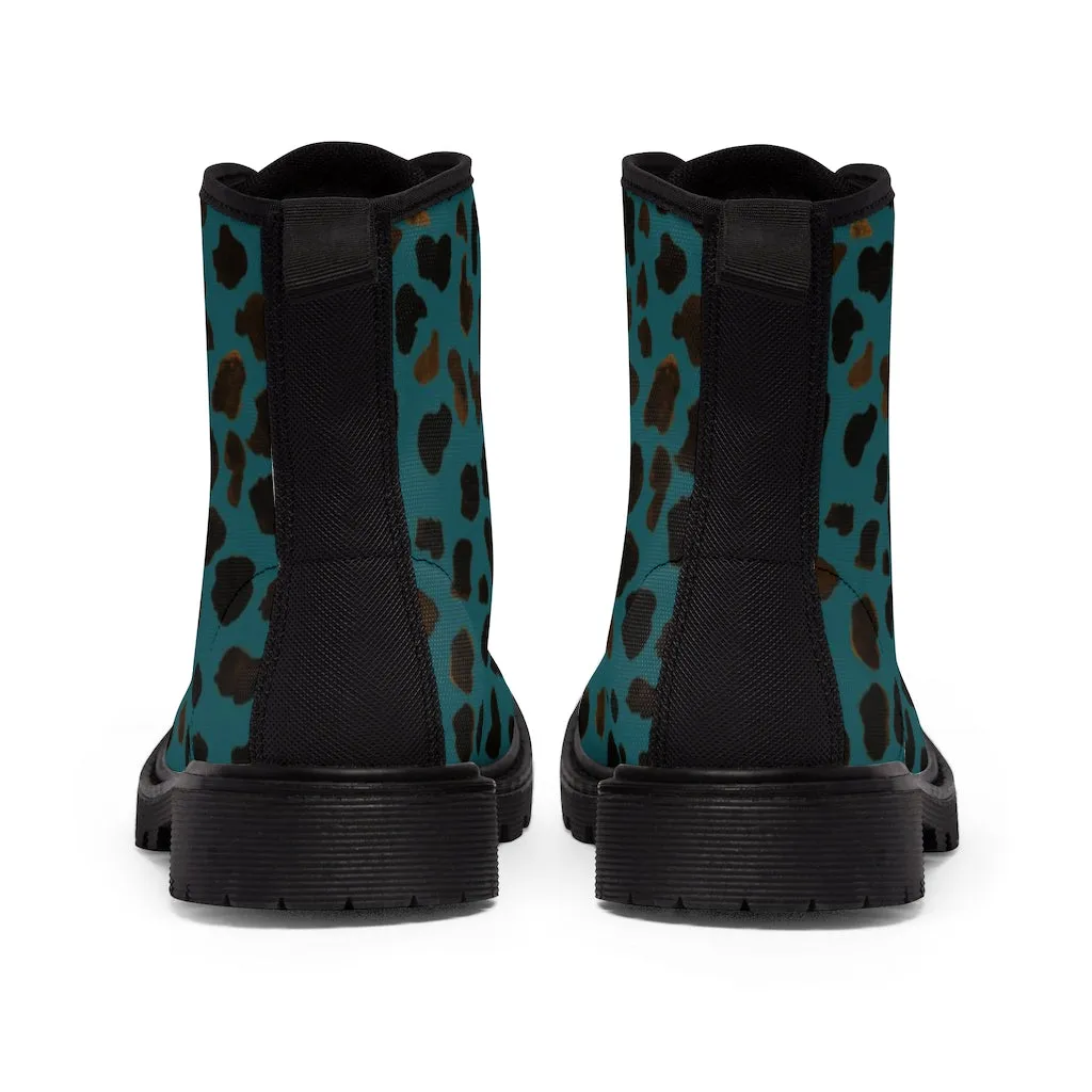 Teal Blue Cheetah Men's Boots, Leopard Animal Print Best Hiking Winter Boots Laced Up Shoes For Men