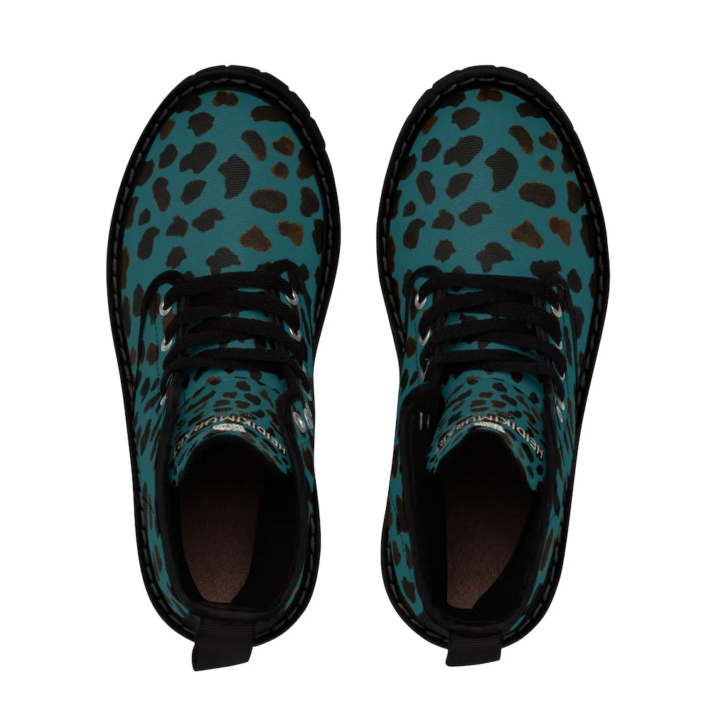 Teal Blue Cheetah Men's Boots, Leopard Animal Print Best Hiking Winter Boots Laced Up Shoes For Men