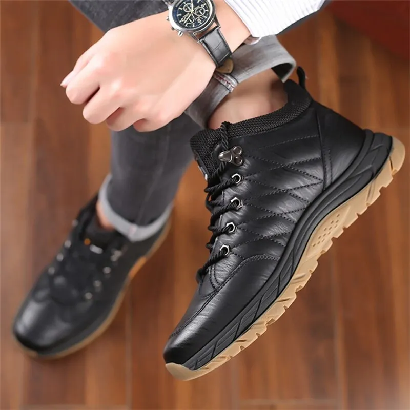 Winter Warm Men Boots Genuine Leather Wool Fur Outdoor Snow Boots Handmade Waterproof Working Non-slip Ankle Boots botas hombre