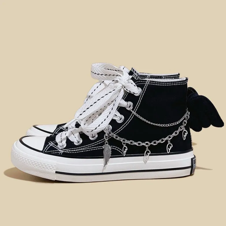 Womens Mens Students Metal Chain Bat High Top Canvas Sneakers