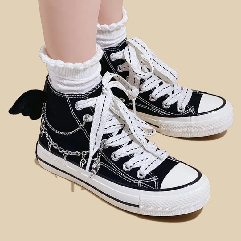 Womens Mens Students Metal Chain Bat High Top Canvas Sneakers