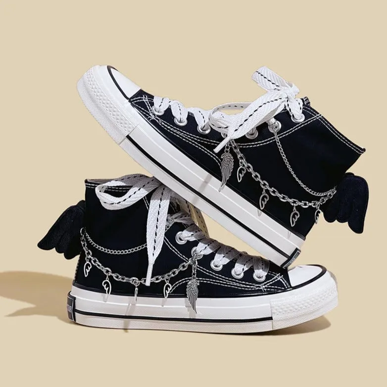 Womens Mens Students Metal Chain Bat High Top Canvas Sneakers